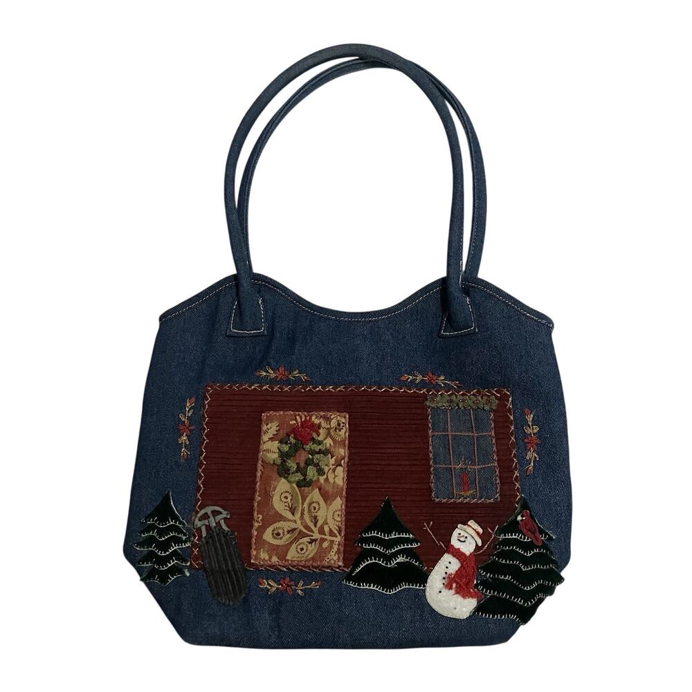 Vtg Cappelli Straworld Boho Christmas Holiday Denim Tote Bag Double Handles